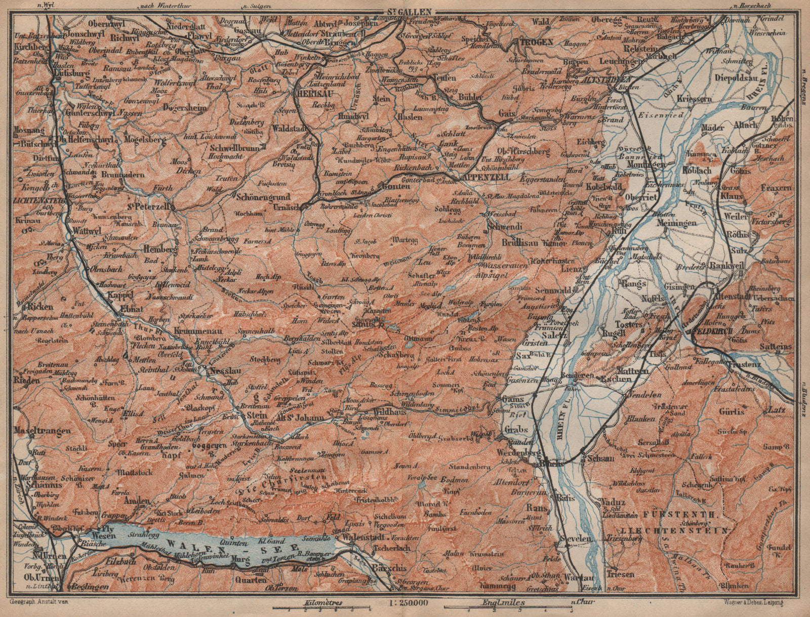 APPENZELL CANTON. Wildhaus Unterwasser St. Gallen Trogen Walensee 1907 old map